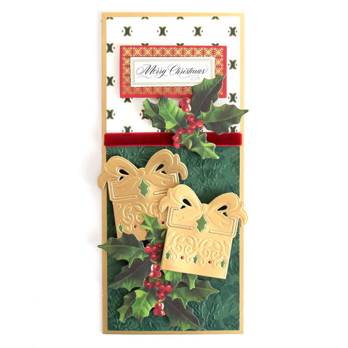 a christmas card with holly and bells.