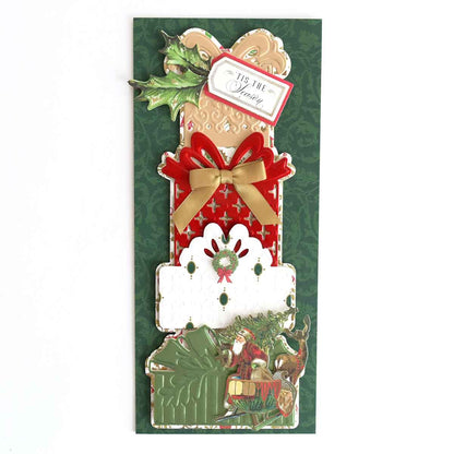 a christmas card with a red bow and a green background.