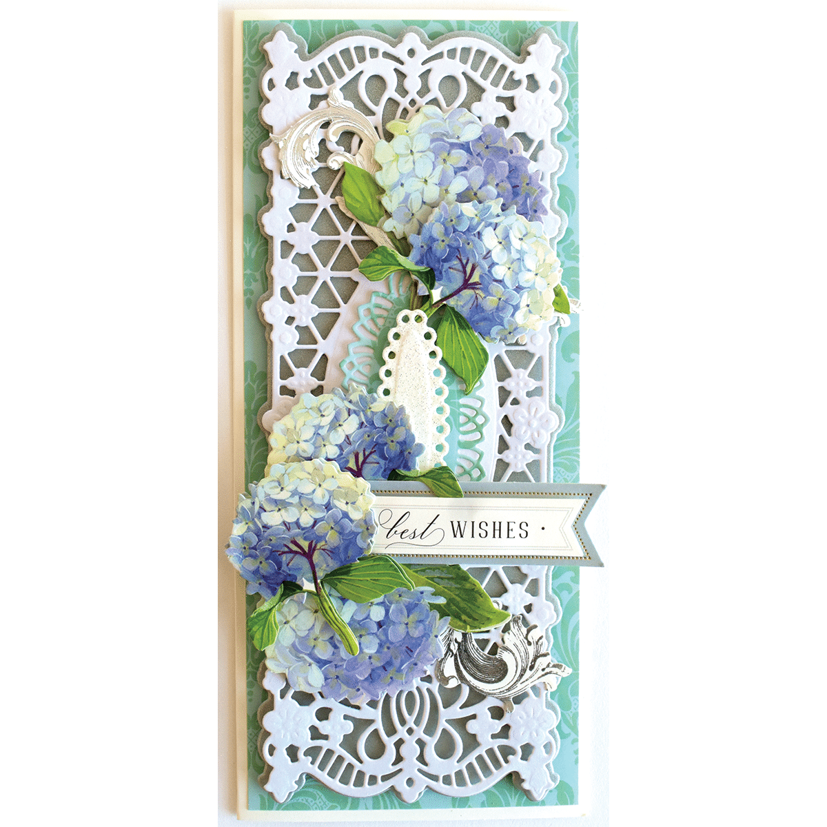 a card with blue and white flowers on it.