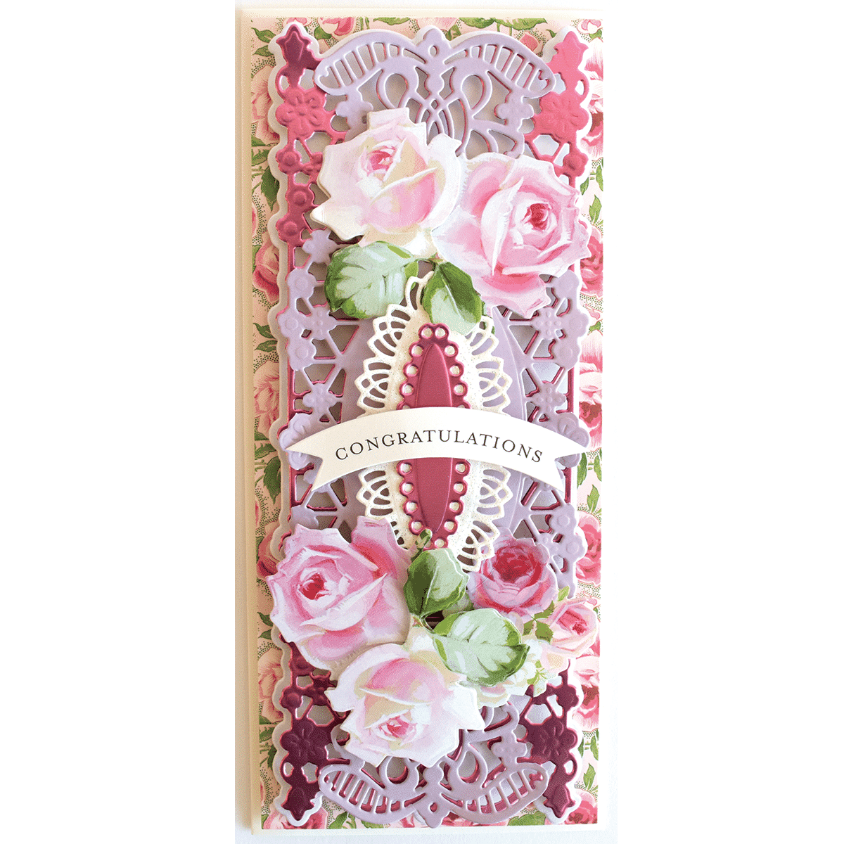 a congratulations card with pink roses and lace.