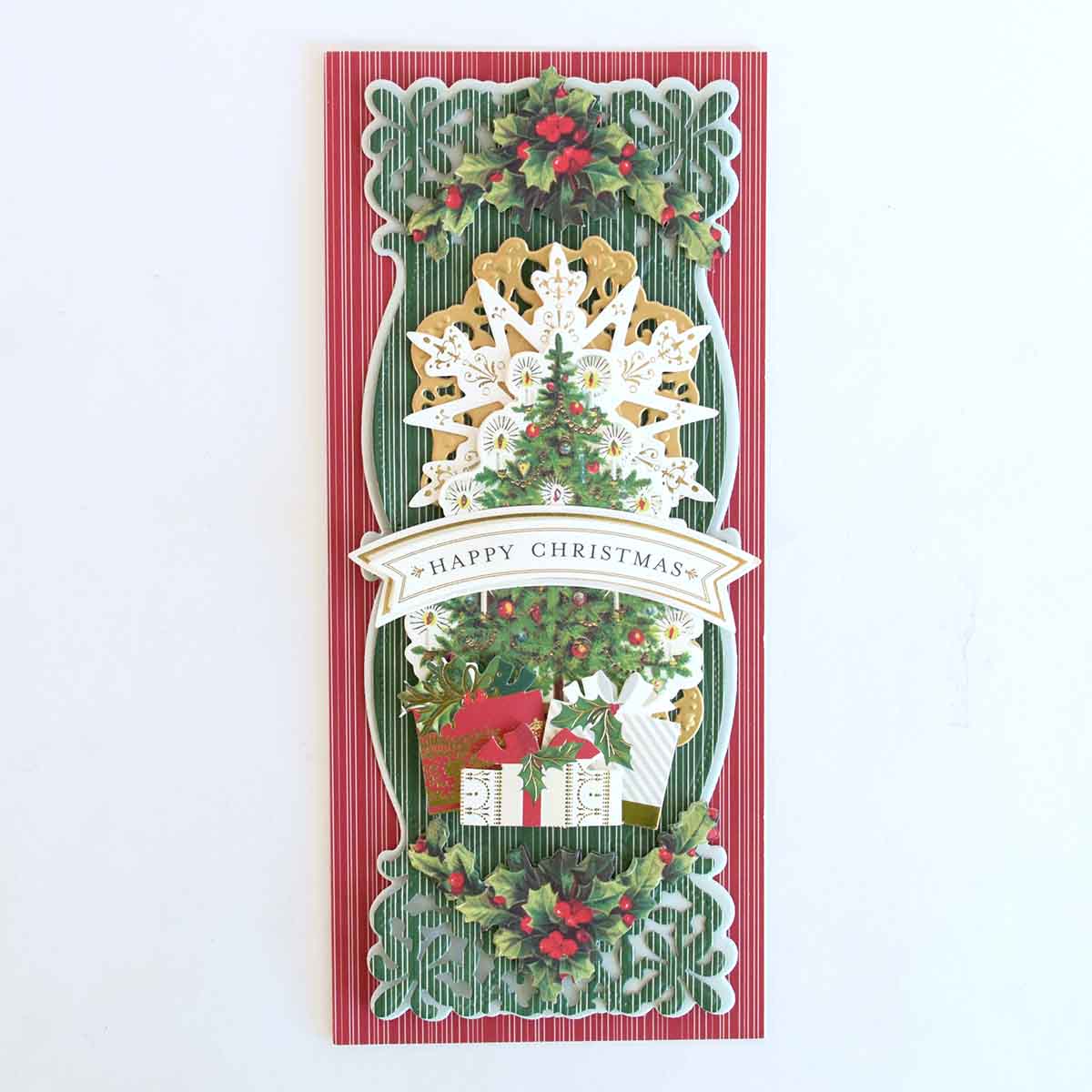 a red and green christmas card with a snowflake.