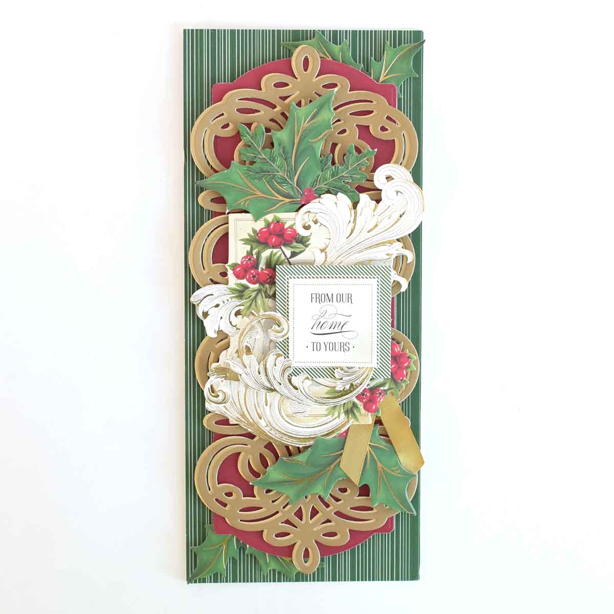 a christmas card with a holly and holly leaves on it.