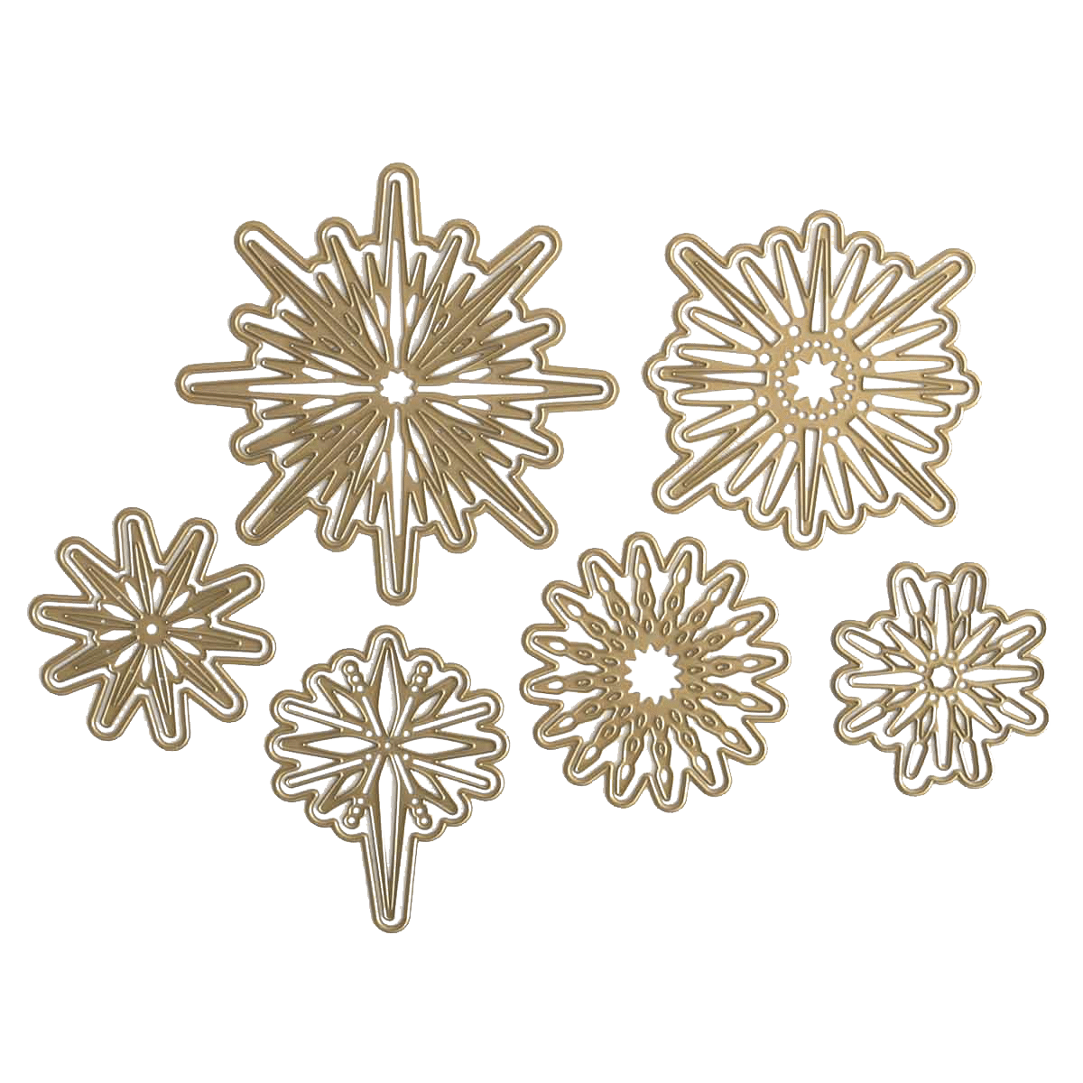 a set of four gold snowflakes on a green background.