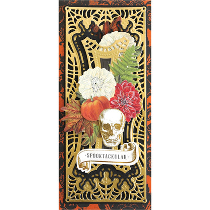 a card with a skull and flowers on it.