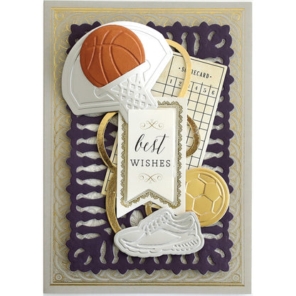 a card with a basketball, basketball ball, and basketball hoop.