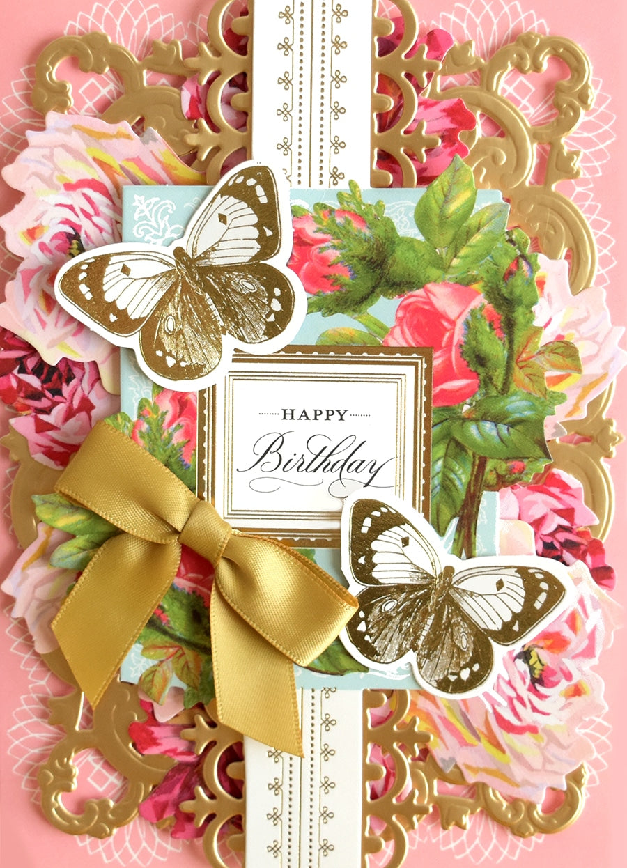 a birthday card with butterflies and flowers on it.