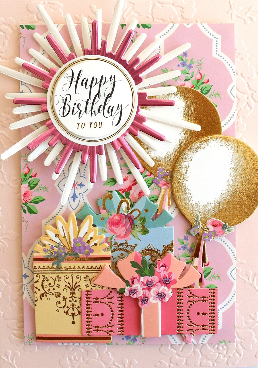 a happy birthday card with a pink background.