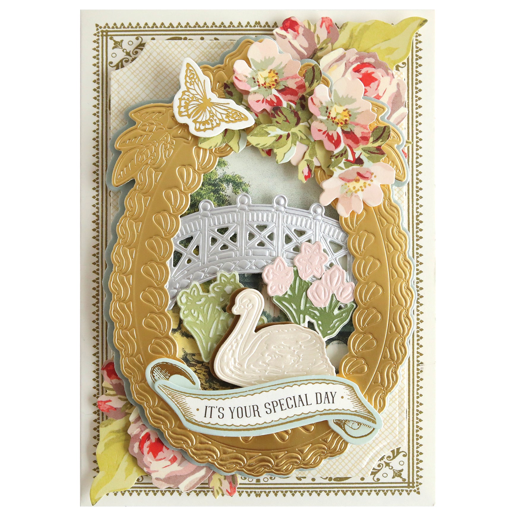 a card with a swan and flowers on it.