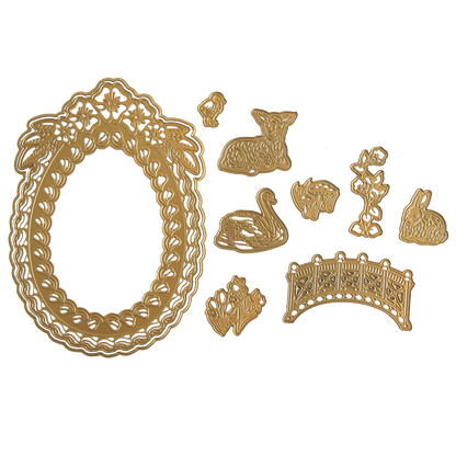 a set of gold jewelry with a white background.