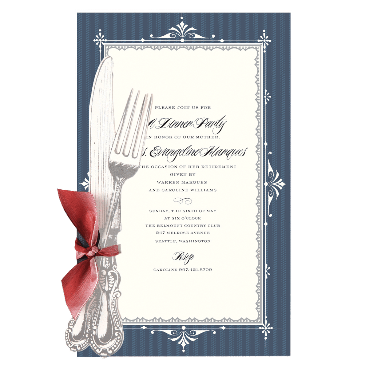a blue and white wedding card with a red bow.