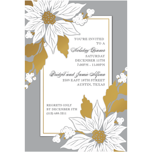 a white and gold wedding card with flowers.