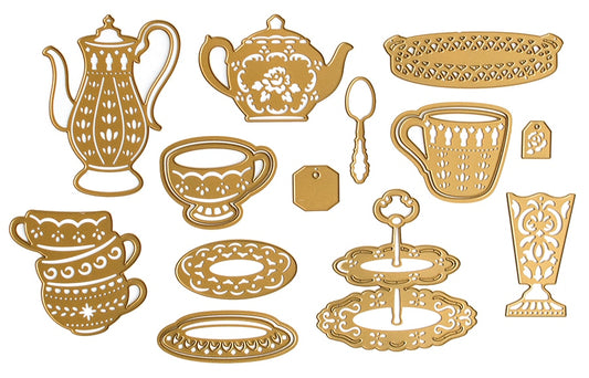 a collection of golden teapots and cups.