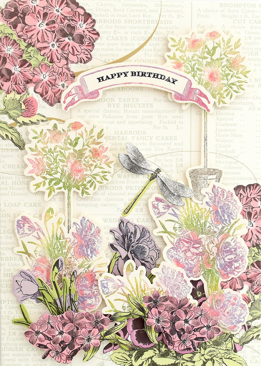 a birthday card with flowers and a dragonfly.