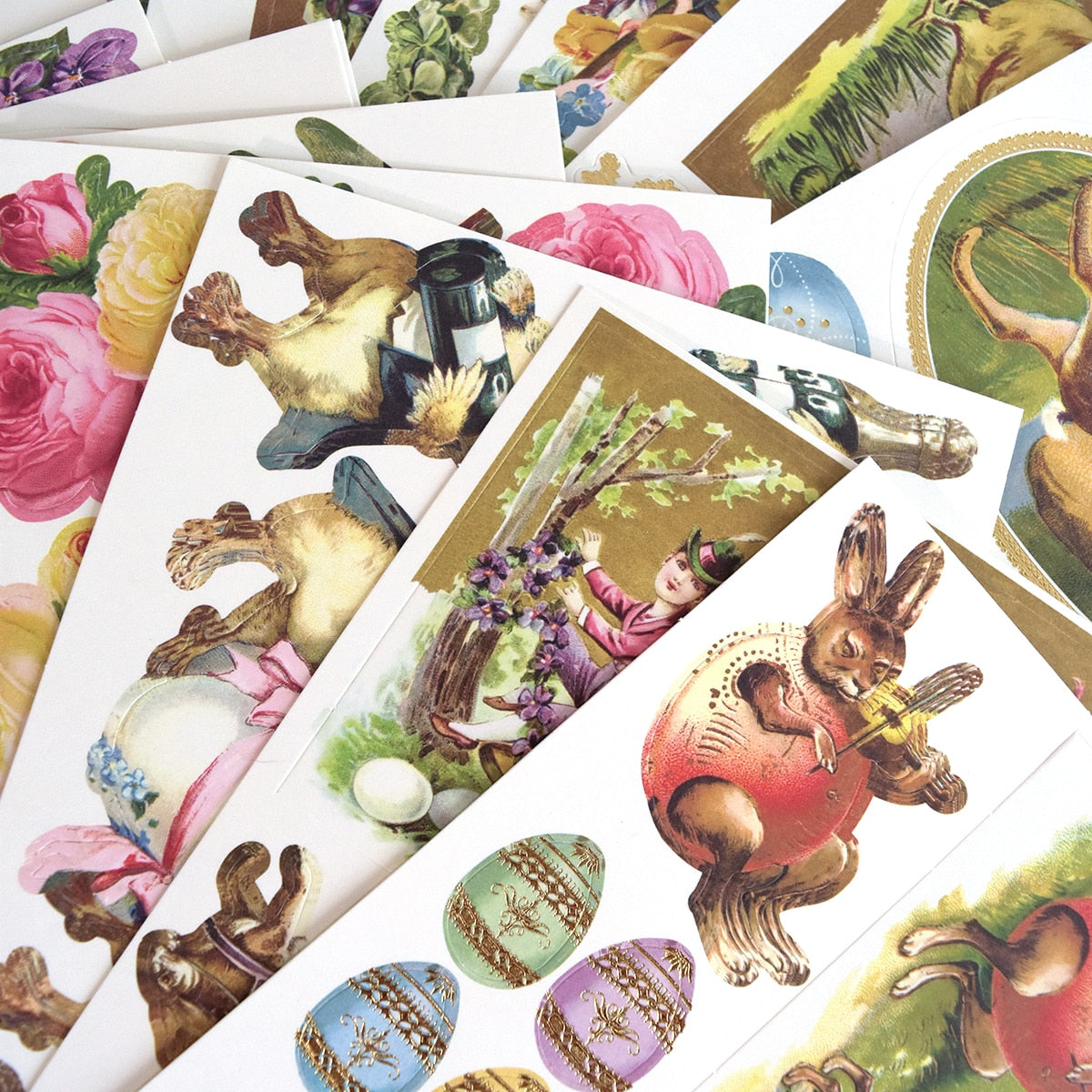 a pile of easter cards with pictures of rabbits.