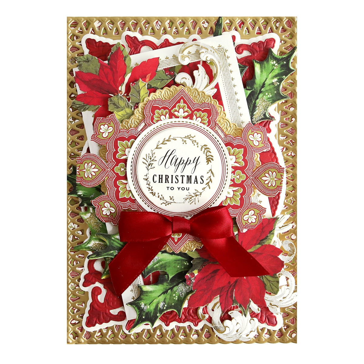 a christmas card with poinsettis and a red ribbon.