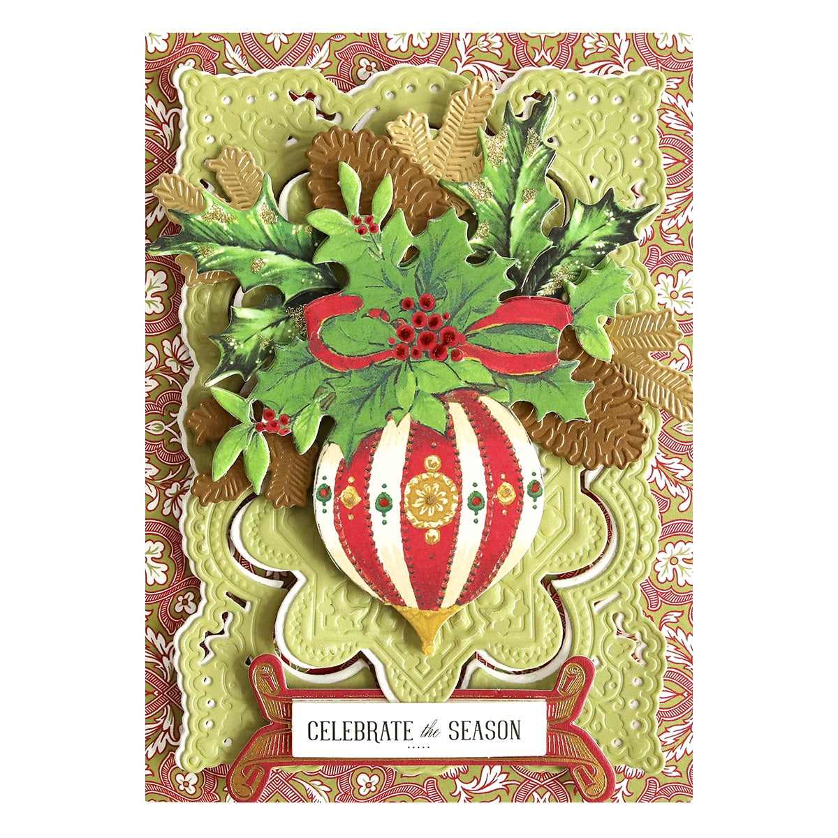 a card with a christmas ornament on it.