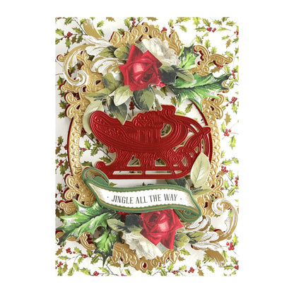a christmas card with a red sleigh and holly.