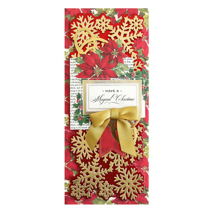 a red and gold christmas card with gold snowflakes.