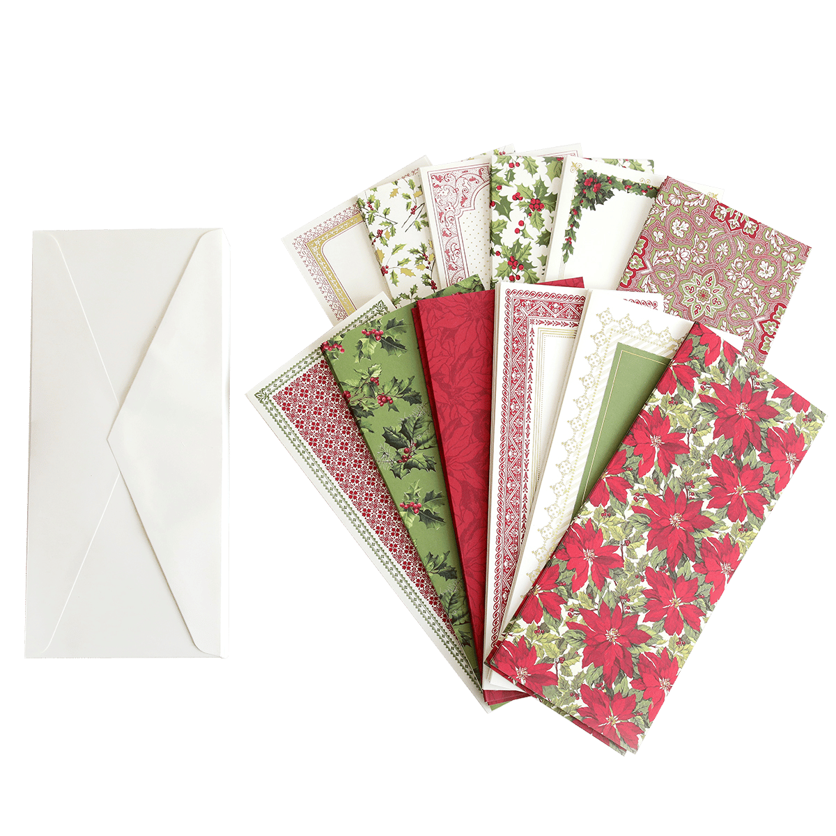 a white envelope with a variety of christmas cards.