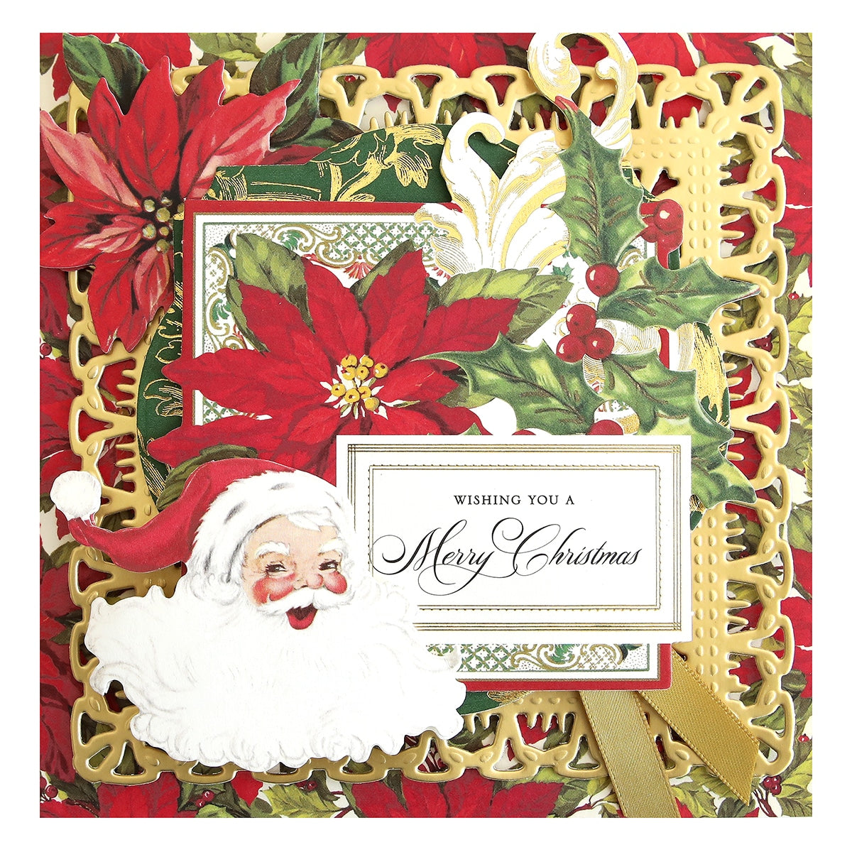 a christmas card with a santa clause and poinsettis.