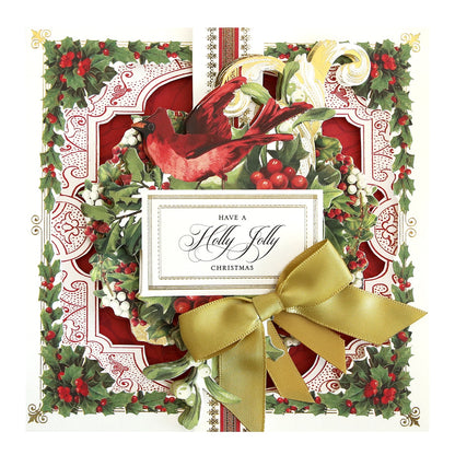 a christmas card with a bird and holly wreath.