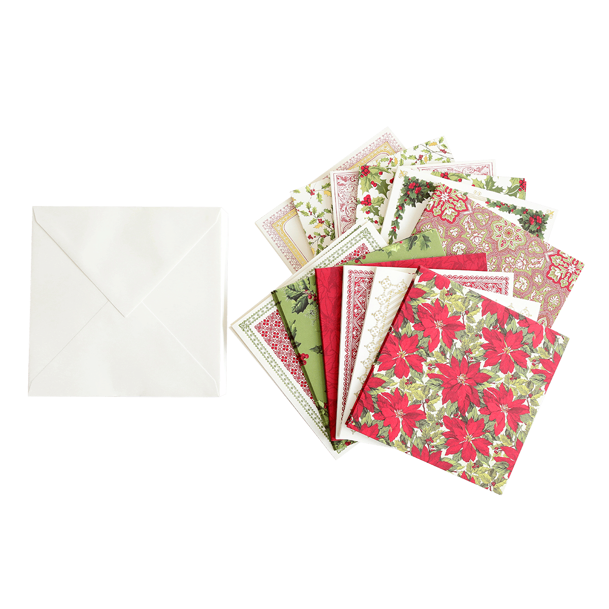 a bunch of cards and envelopes on a green background.
