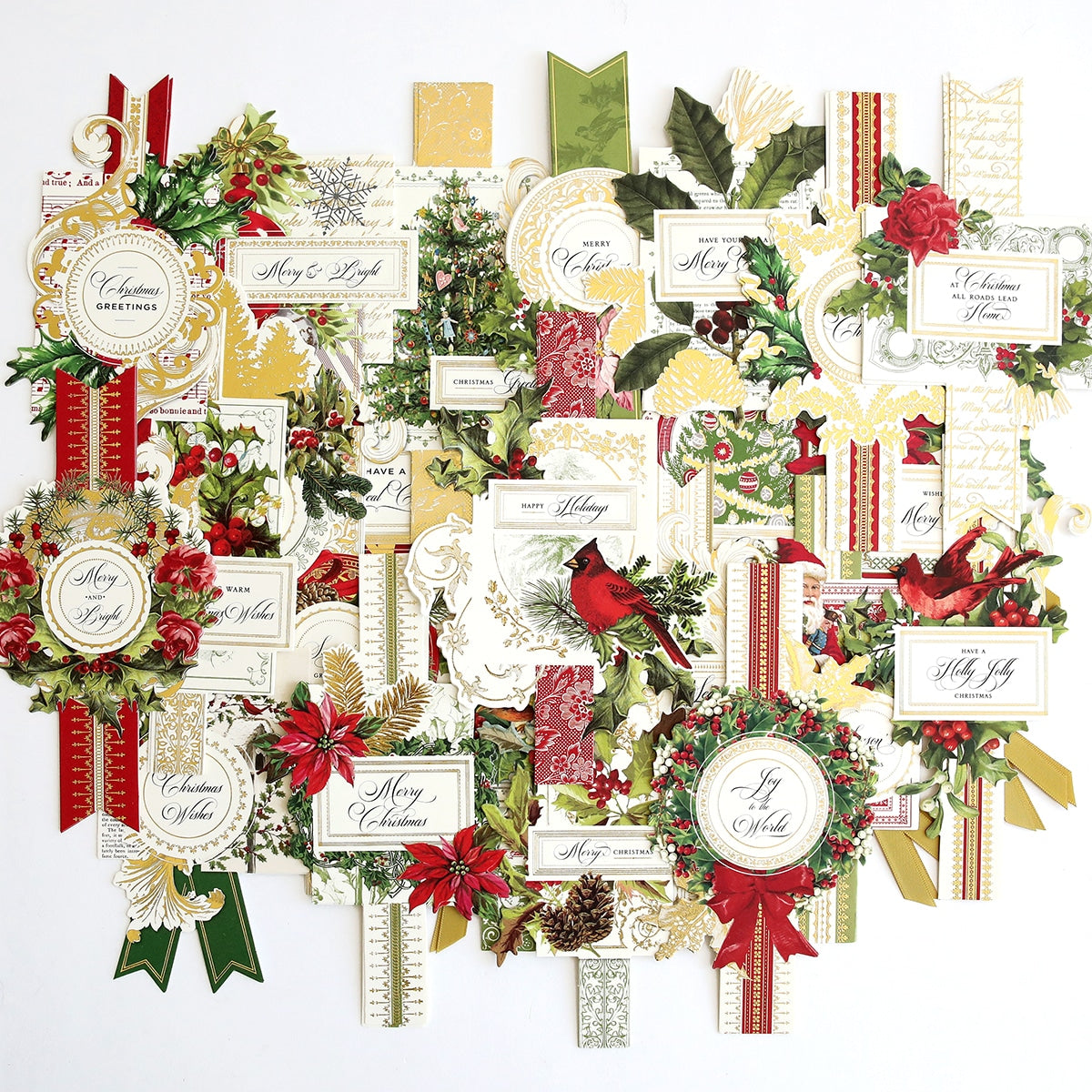 a large assortment of christmas cards with ribbons and bows.