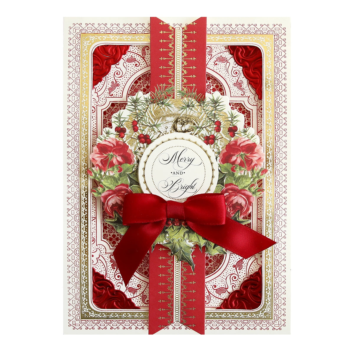 a christmas card with a red bow and ribbon.