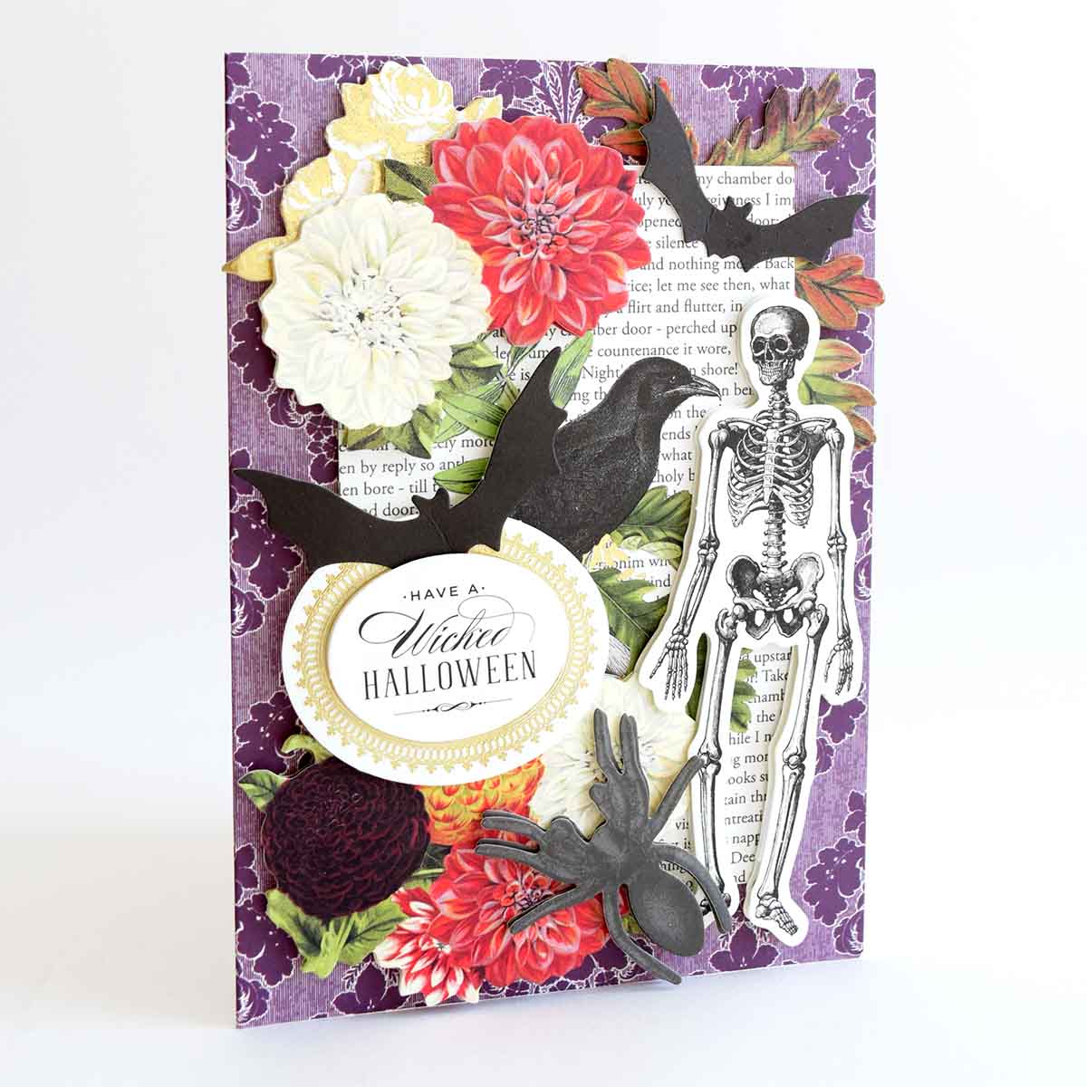 a card with a skeleton and flowers on it.