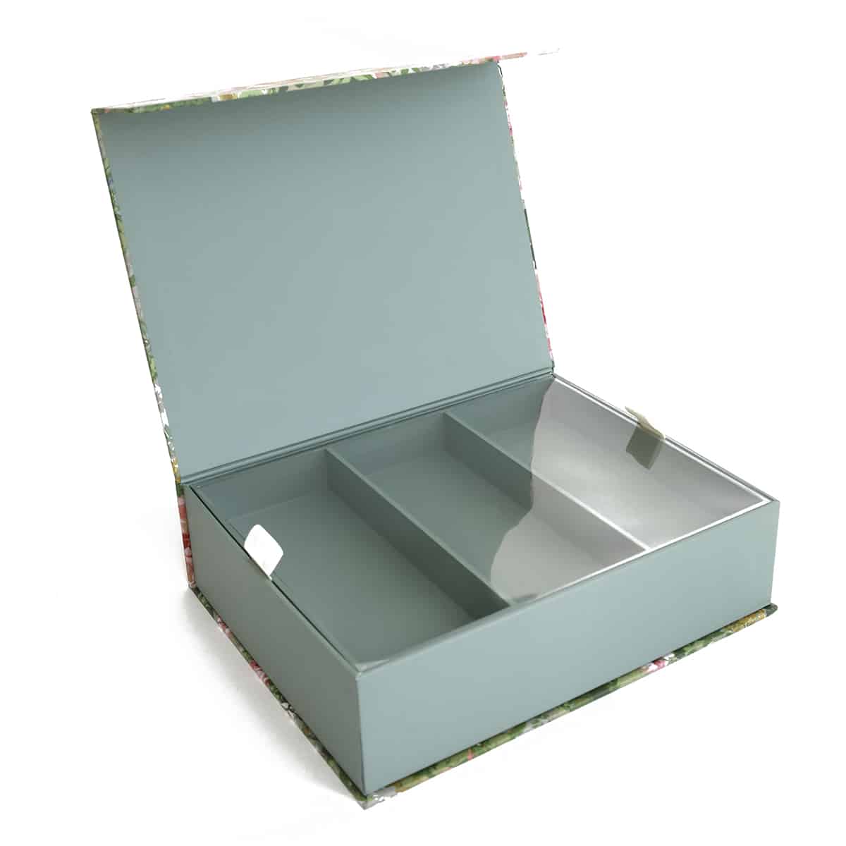 an open box with a lid on a white background.