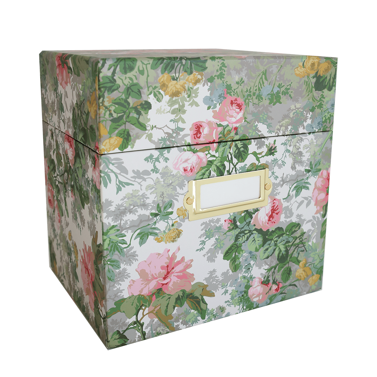 a floral box with a gold handle on a green background.