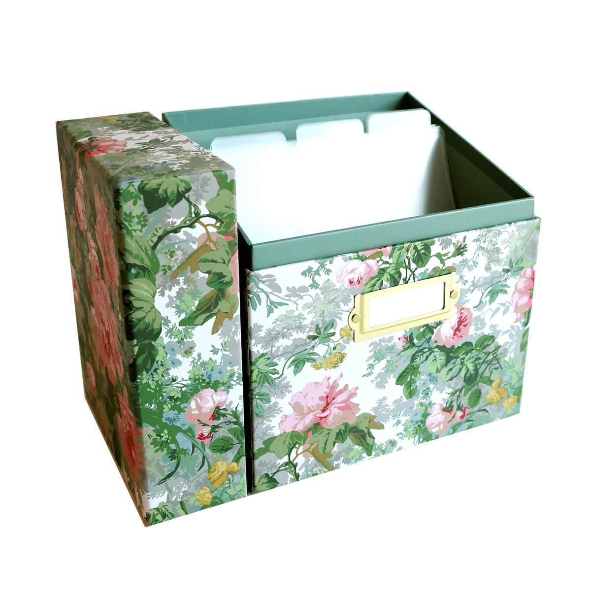 a flowered box with a name tag on it.