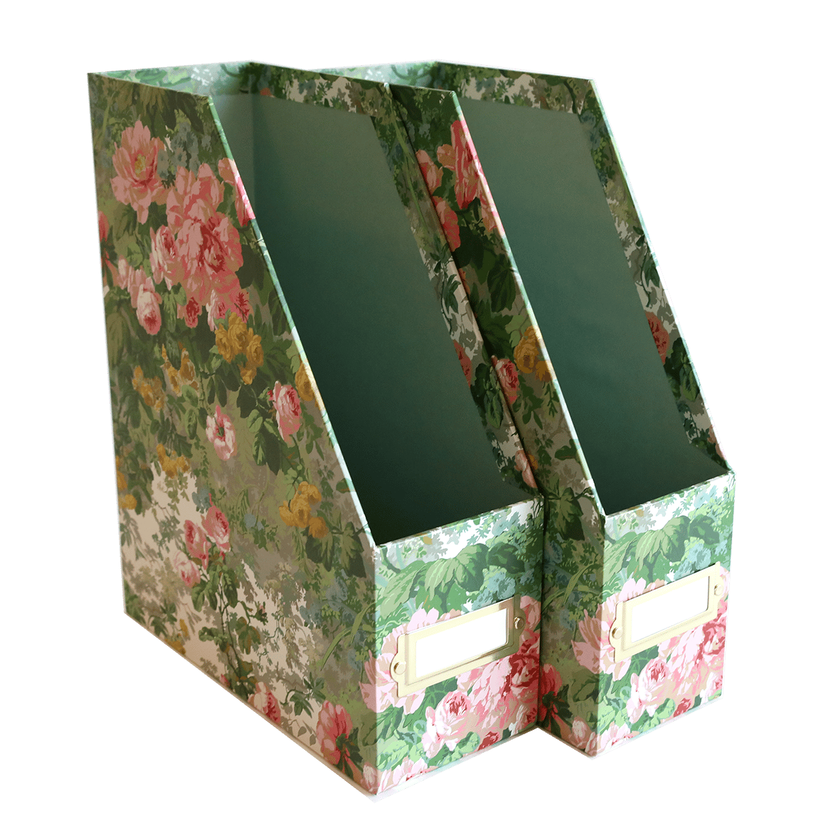 a pair of flowered boxes sitting on top of each other.