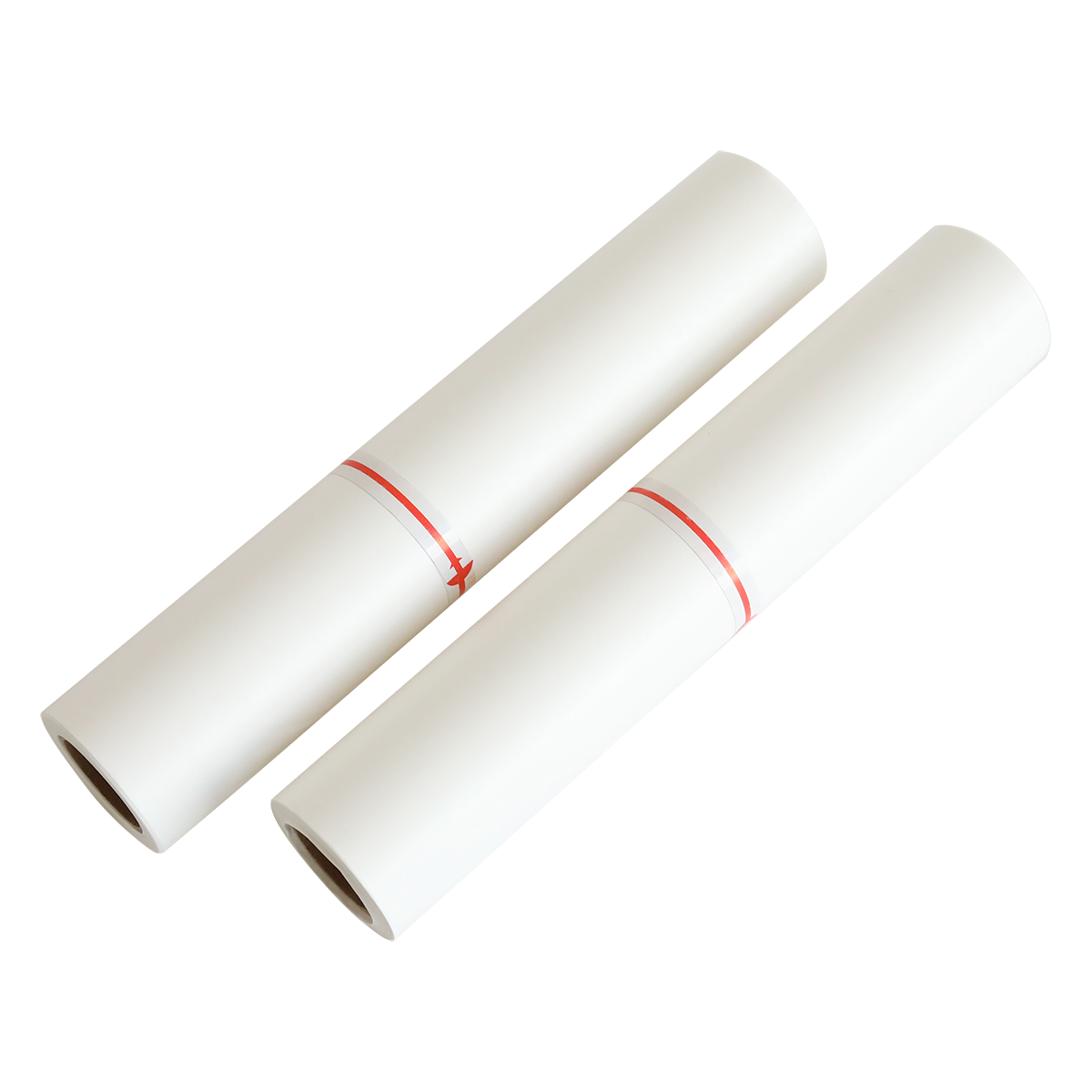 two rolls of white paper with red string.