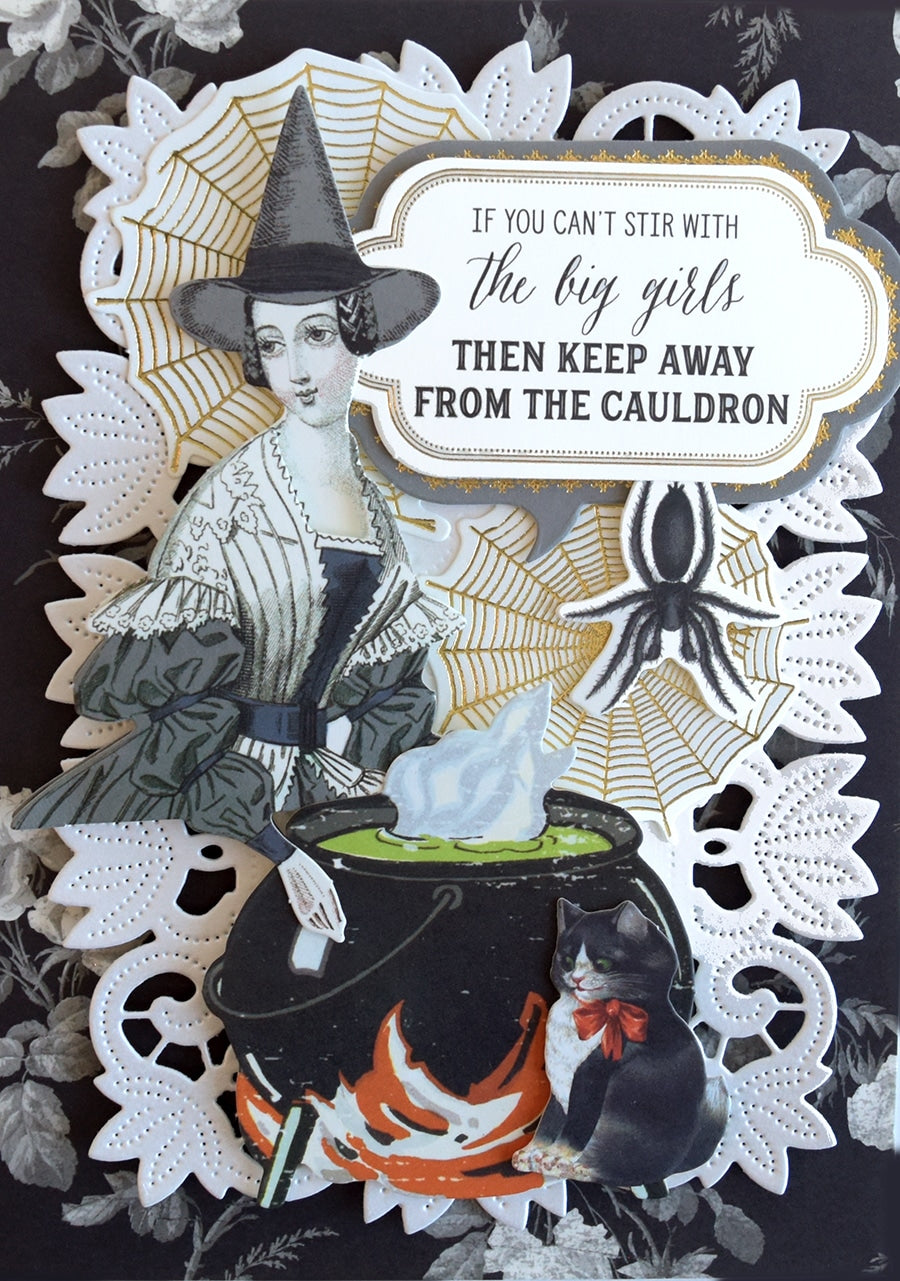 a card with a picture of a woman in a witches costume.