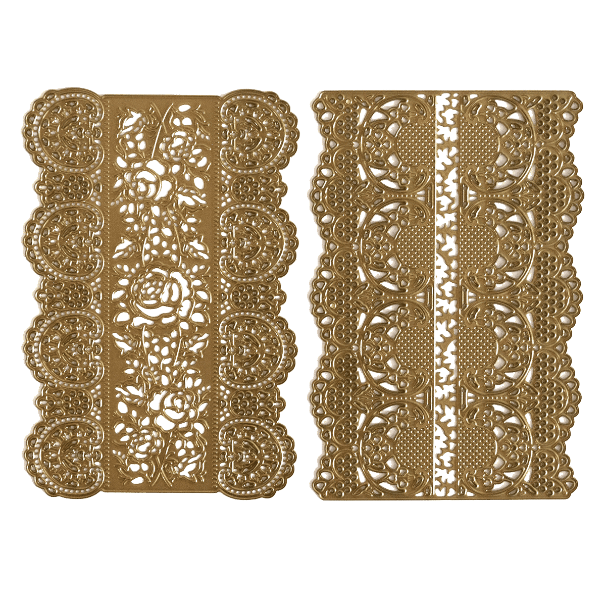 two pieces of lace on a green background.