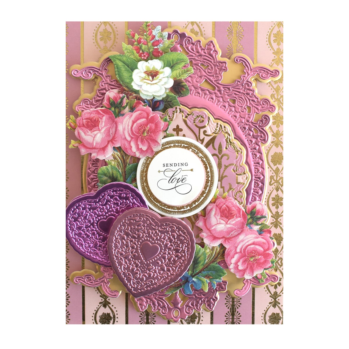 a card with a heart and flowers on it.