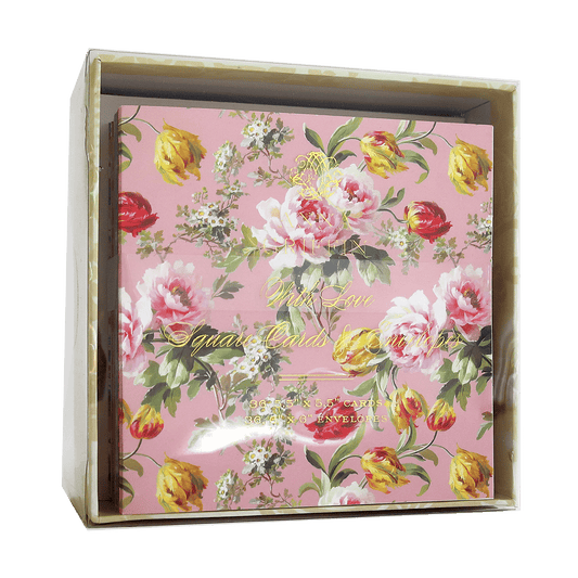 a pink box with a floral print on it.