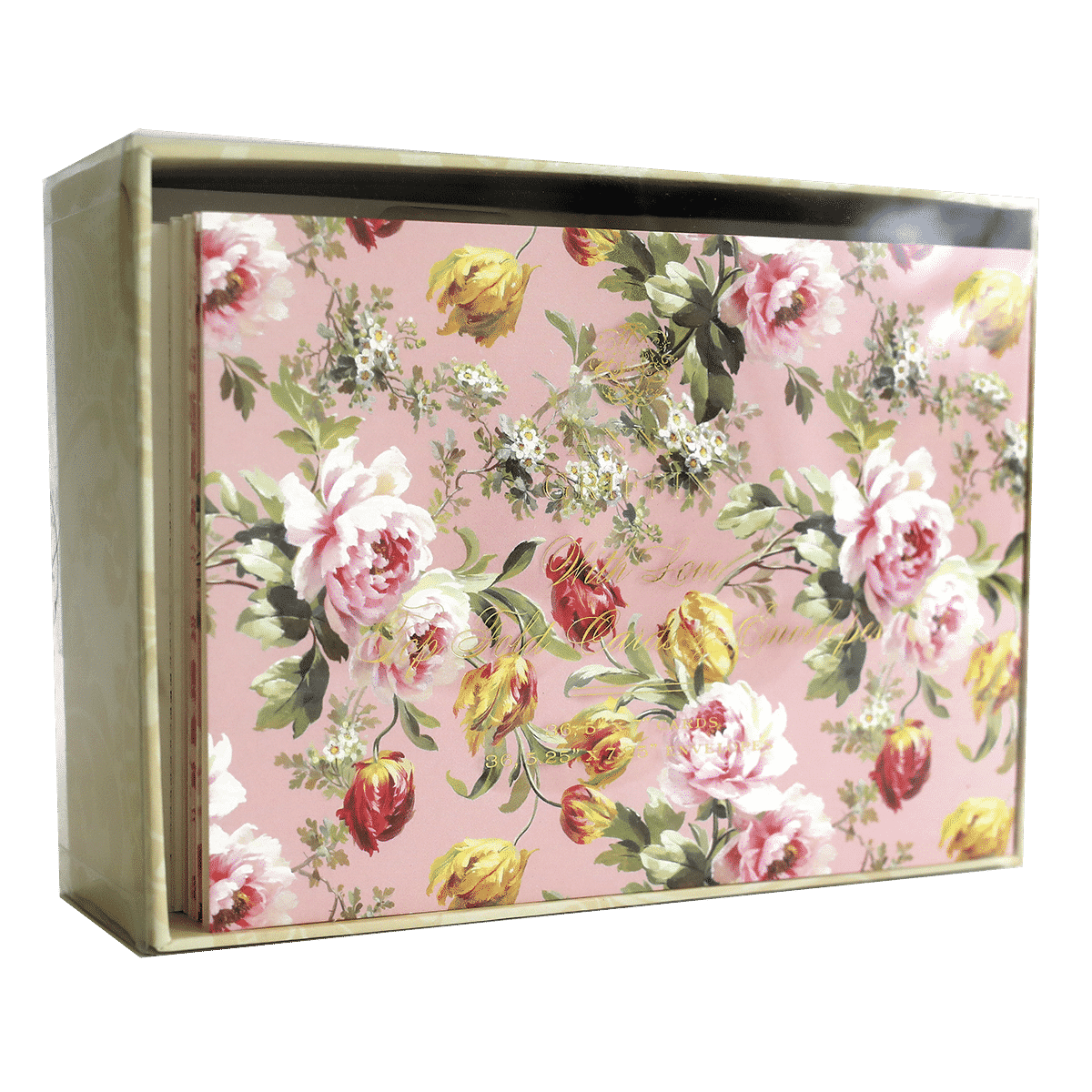 a pink and yellow flowered box with flowers on it.