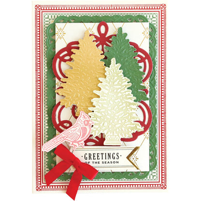 a card with a christmas tree and ribbon.