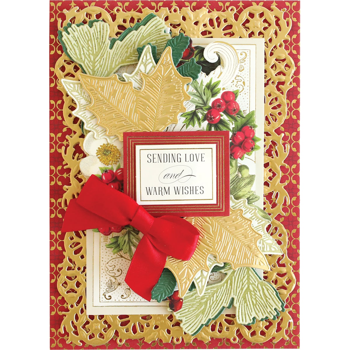 a christmas card with a red bow on it.