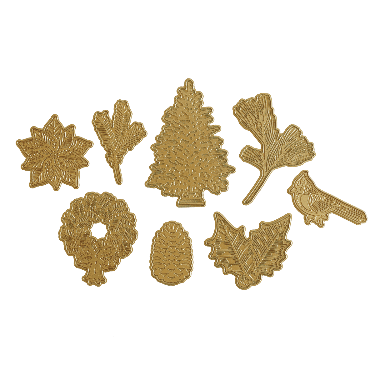 a group of gold leaf and acorn ornaments.