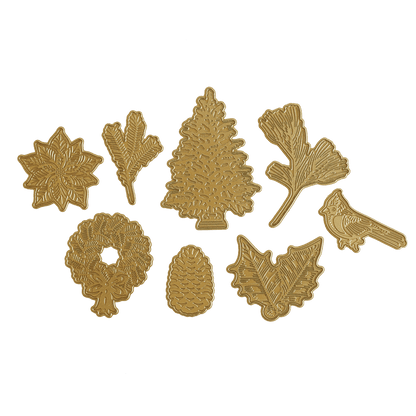 a group of gold leaf and acorn ornaments.