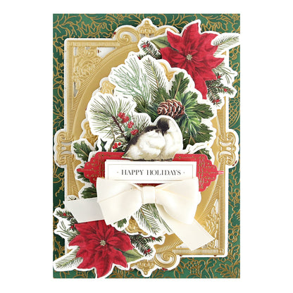 a christmas card with a dog and poinsettis.