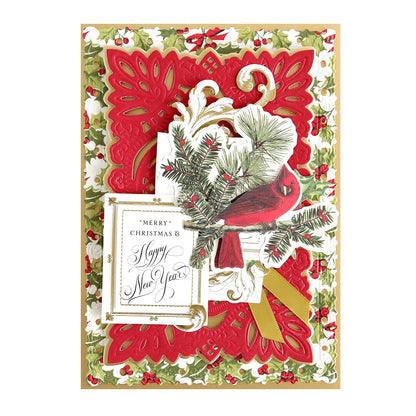 a christmas card with a red and white background.