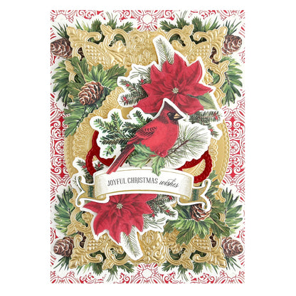 a christmas card with a cardinal and poinsettis.
