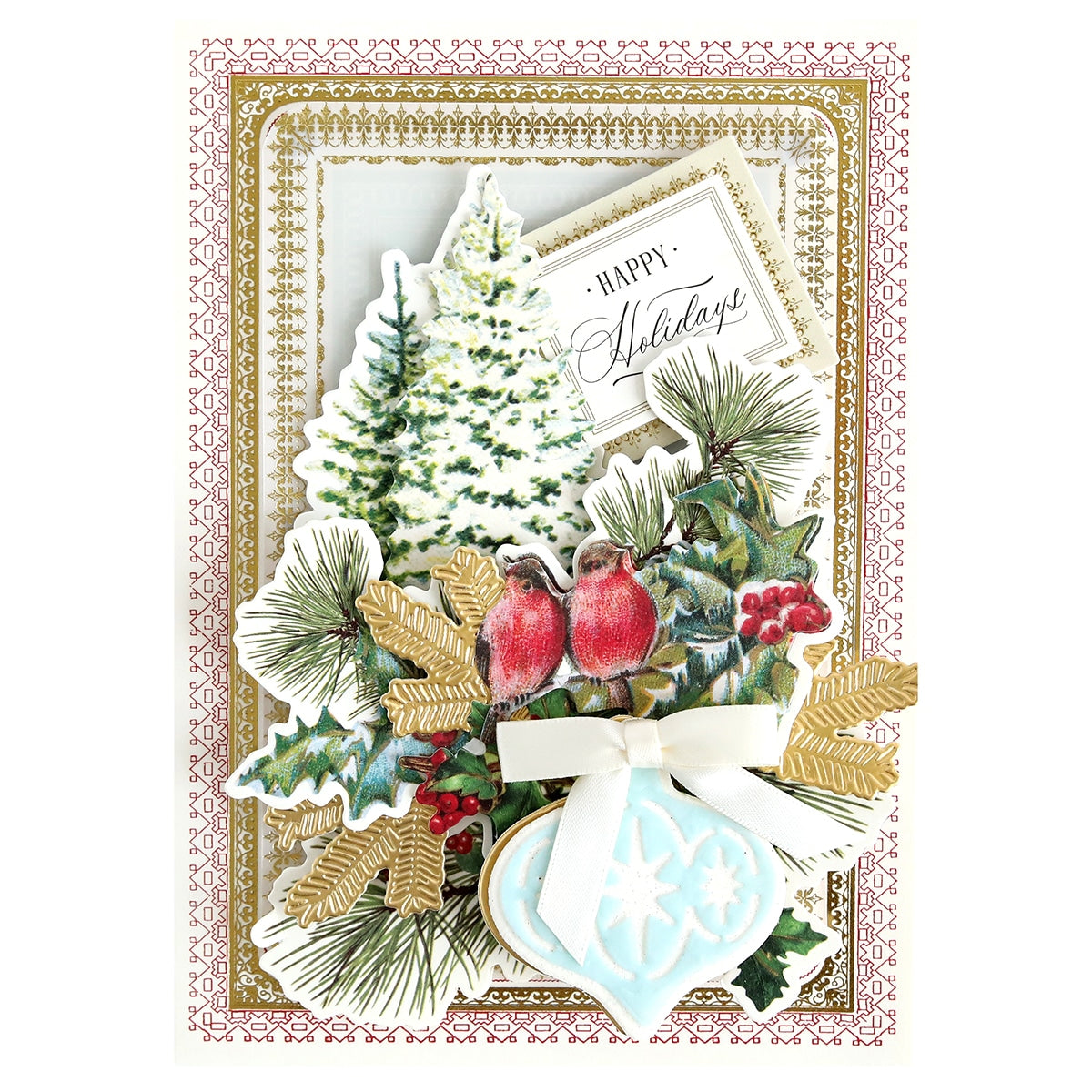 a christmas card with a christmas tree and ornaments.