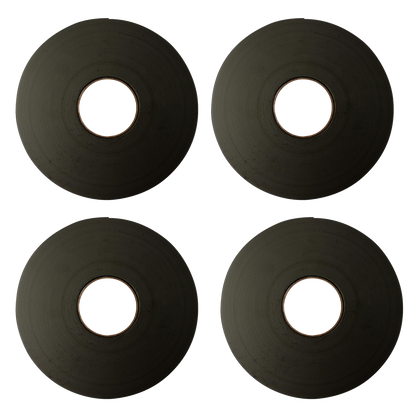 four rolls of black cloth tape on a white background.