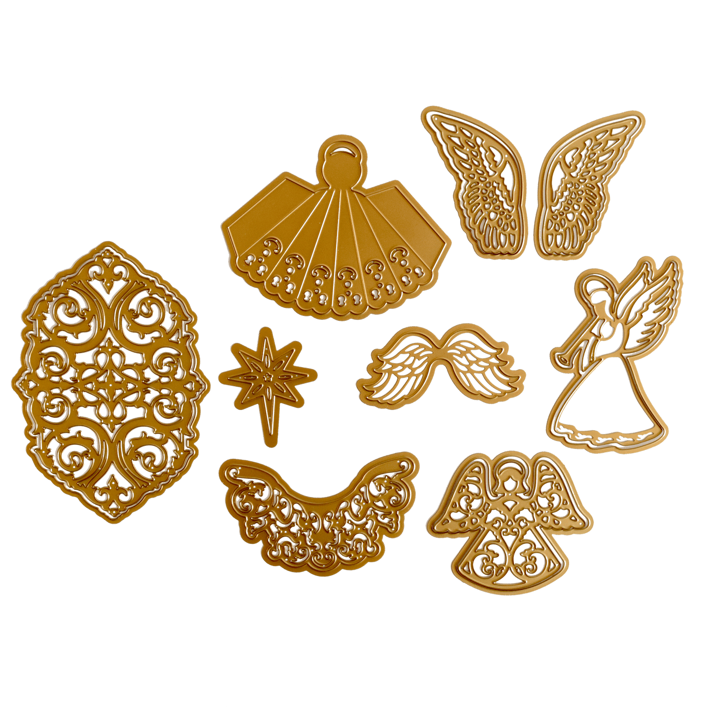 a set of gold angel cutouts on a green background.