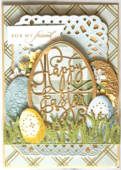 a card with a picture of eggs in the grass.
